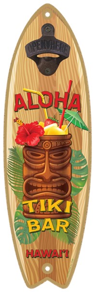 Aloha - Tiki Bar with tiki man drink - Surfboard bottle opener