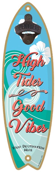 High Tides - Good Vibes (light blue and teal waves) - Surfboard bottle opener